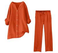 NSICBMNO Two Piece Outfit Women Plus Size Summer Co Ord Sets Long Tunics Oversized Button Down Shirt 3/4 Sleeve Tops Elastic Waist Trousers Lounge Sets Travel Outfits