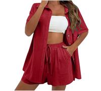 NSICBMNO Two Piece Outfit Women Summer Co Ord Sets Short Sleeve Button Down Shirts Sports Shorts With Pockets Casual Tracksuit Travel Outfit Lounge Sets (UK, Alpha, M, Regular, Regular, 01#Wine)