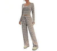 NSICBMNO Two Piece Outfit Women Winter Co Ord Sets Striped Pyjamas Long Sleeve Crop Tops Wide Leg Pants Ribbed Lounge Wear Sets Round Neck Jumpers Drawstring Pj Bottoms Airport Outfit Gym Set