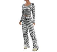 NSICBMNO Two Piece Outfit Women Winter Co Ord Sets Striped Pyjamas Long Sleeve Crop Tops Wide Leg Pants Ribbed Lounge Wear Sets Round Neck Jumpers Drawstring Pj Bottoms Airport Outfit Gym Set