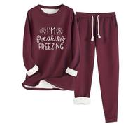 NSICBMNO Two Piece Outfit Women Winter Lounge Wear Sets Im Freezing Jumper Fleece Lined Joggers Airport Outfit Cozy Pyjama Sets Thermal Fleece Sweatshirt Baggy Trousers Sherpa Lined Tracksuit