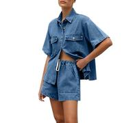 NSICBMNO Two Piece Outfit Women Y2 Denim Co Ord Sets Short Sleeve Shirt High Waist Jean Shorts Summer Lounge Sets Denim Button Up Shirt Hot Pants Travel Outfit Airport Set For Work Streetwear