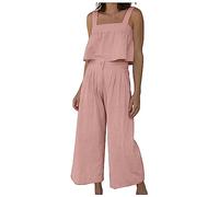 NSICBMNO Two Piece Outfits Women Summer Sleeveless Crop Top and Wide Leg Cropped Trousers Ladies Lounge Tracksuit Suits Loose Casual Outfit Going Out Sets Trousers Suits 01_Pink S