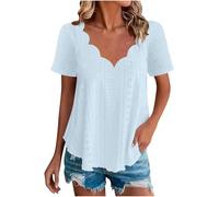 NSICBMNO V Neck Tops for Women UK, Womens Summer Tops Plus Size V Neck T Shirts Short Sleeve Tunic Dressy Casual Eyelet Blouse Oversized T Shirts Ruffle Blouse Broderie Anglaise Top Casual A Sky Blue