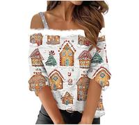 NSICBMNO White Christmas Blouse for Women UK - Funny, Off Shoulder Tops, Christmas Tree Santa Tshirt, 3/4 Sleeve Jumpers, Sequin Strappy Top, Novelty Xmas Jumpers, Dressy Tunic Top, Xmas Party Tops