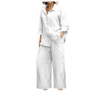 NSICBMNO White Co Ord Sets For Women Summer Two Piece Outfit Cotton Linen Trousers Elasticated Waist Trousers V Neck Shirts Long Sleeve Blouses Button Down Shirt Ladies Loungewear Sets Plus Size