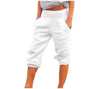 NSICBMNO White Cropped Trousers for Women UK Ladies Capri Pants Knee Length Shorts Summer Pants 3/4 Length Trousers Three Quarter Cotton Linen Pull On Joggers