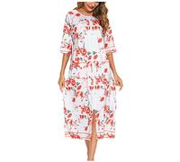 NSICBMNO White Floral Dressing Gown Women Lightweight Bathrobe Ladies Long Zipped Bathrobes Nightwear 3/4 Sleeve Nightdresses Nightgown Zip Up Housecoats Round Neck Cardigans Bath Robes Sleepwear