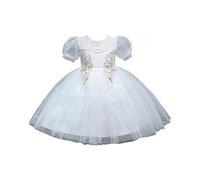 NSICBMNO White Girls Princess Dress Tulle Dresses Sequin Evening Gown Puff Sleeve Flower Embroidery Dress First Communion Pageant Party Dresses Wedding Guest Evening Gown for Age 6-11 Years