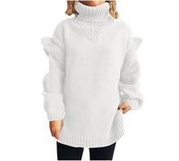 NSICBMNO White Polo Neck Jumpers for Women UK Oversized Jumper Long Sweaters Chunky Knit Jumpers Ruffle Blouses Turtle Neck Long Sleeve Tops Ribbed Sweater Baggy Sweatshirt Pullover Tunic Tops