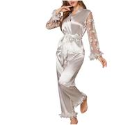 NSICBMNO White Satin Pyjamas For Women Sexy Nightwear 2 Piece Outfits Floral Lace Sheer Mesh Top Silky Night Gown Wide Leg Trousers Lounge Wear Sets Babydoll Sleepwear For Bedroom Honeymoon Gifts