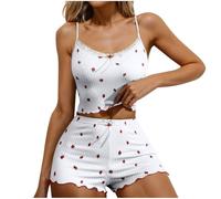 NSICBMNO White Short Pjs For Women Sets Sexy Nightwear Strawberry Pyjamas Ribbed Loungewear Sets Crop Tank Tops Lace Vest Cami Ruffle Shorts Pj Shorts Set Summer Pyjamas 2 Piece Outfits Sleepwear