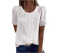 NSICBMNO White Summer Broderie Anglaise Tops Puff Sleeve Lace Top Swiss Dot Chiffon Blouse Round Neck Tshirt Loose Casual Blouses for Office Work Beach Lounge Streetwear