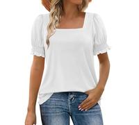 NSICBMNO White Summer Short Sleeve Blouses Ruffle Puff Sleeve Top Square Neck T Shirts Oversized T Shirts Tunic Tops Casual Loose Blouses for Beach Club Party Streetwear