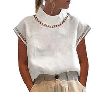 NSICBMNO White Summer Tops for Women UK Linen Blouses Casual High Neck Tops Cap Sleeve Oversized Tshirts Hollow Out Lace Top Zip Back Blouse Baggy T Shirts Loose Blouses for Office Work Going Out