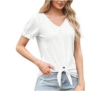 NSICBMNO White Summer Tops for Women UK Ruffle Short Sleeve Blouse Eyelet Tops Tie Front Top V Neck Tshirt Oversized Baggy T Shirts Casual Tshirt Going Out Blouses for Holiday Beach Office Work