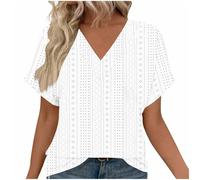 NSICBMNO White Summer Tops for Women UK Short Sleeve Blouses Eyelet Embroidery Top V Neck Tshirt Over Sized T Shirts Boho Tunics Baggy Tshirts Casual Loose Blouses for Holiday Beach Office Work