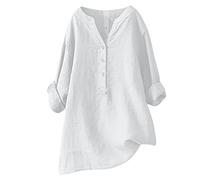 NSICBMNO White Tunic Tops for Women UK Plus Size Long Summer Tops Cotton Linen Pullover Tunic Blouses Ladies V Neck T Shirt Oversized Shirts 3/4 Sleeve Blouses Baggy Tshirts for Beach Work Loungewear
