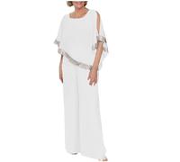 NSICBMNO White Two Piece Outfit Women Elegant Wedding Outfits Ladies Sequin Party Tops Batwing Dressy Blouses Wide Leg Trousers Co Ord Sets Cold Shoulder T Shirt Palazzo Pants Lounge Sets Plus Size
