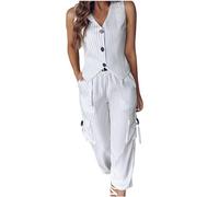 NSICBMNO White Two Piece Outfit Women Striped Co Ord Sets V Neck Waistcoat Cargo Pants With Pockets Casual Outfits 2 Piece Loungewear Sets Plus Size Trouser Suits For Office Work Party Streetwear