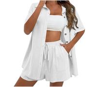 NSICBMNO White Two Piece Outfit Women Summer Co Ord Sets Short Sleeve Button Down Shirts Sports Shorts With Pockets Casual Tracksuit Tunic Tops Drawstring Sweatpants Travel Outfit Lounge Wear Sets