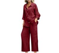 NSICBMNO Wine Co Ord Sets For Women Summer Two Piece Outfit Cotton Linen Trousers Elasticated Waist Trousers V Neck Shirts Long Sleeve Blouses Button Down Shirt Ladies Loungewear Sets Plus Size