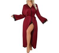 NSICBMNO Wine Lightweight Dressing Gown Women Long Bathrobe Satin Dressing Gown Kimono Robes Ladies Silk And Lace Nightwear Sexy See Through Lingerie Bridal Robes With Belt For Bedroom Party Club