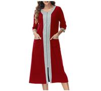 NSICBMNO Wine Long Nightdresses For Women Uk Cotton Bathrobe Zip Up Dressing Gowns Ladies Half Sleeve Cardigans Lightweight Housecoats Bed Jackets Nightgown Summer Pyjamas With Pockets Loungewear