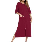 NSICBMNO Wine Long Nighties For Women Zip Dressing Gowns Lightweight Bathrobes Summer Pyjamas Short Sleeve Nightdresses Nightgowns Soft Nighties Nightwear Housecoats Nightdresses With Pockets