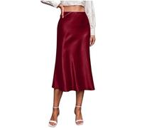 NSICBMNO Wine Midi Skirts for Women UK - Pencil, Pleated, Satin, High Waisted, Zip Up, A Line, Plain, Casual, Office, Work, Party, Long Skirts