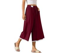 NSICBMNO Wine Palazzo Trousers for Women UK Plus Size Wide Leg Trousers Cotton Linen Capri Pants Harem Lounge Pants Lace Flared Ruffle Beach Ladies Flowy Pant Hippie Baggy Trouser