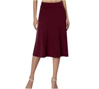 NSICBMNO Wine Pleated Skirts for Women - Knee Length, A Line, Flared, High Waisted, Plain, Stretch, Soft, Pull On, Casual, Work, Office, Midi Skirts