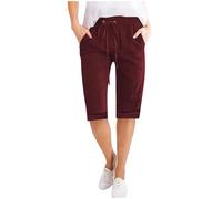 NSICBMNO Wine Running Shorts Womens Straight Leg Joggers Knee Length Bermuda Shorts Tailored Pants with Pockets Cotton Linen Capri Trousers Elasticated Waist Joggers for Casual Work Streerwear