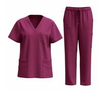 NSICBMNO Wine Scrubs Uniforms Women Set 2 Piece Summer Outfits Casual Co Ord Sets V Neck T Shirts Short Sleeve Tops Quick Dry Joggers Straight Leg Trousers Lounge Sets Airport Outfits With Pockets