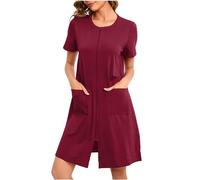 NSICBMNO Wine Summer Pyjamas For Women Uk Zip Up Dressing Gowns Short Sleeve Nighties Lightweight Bath Robes Round Neck Cardigans Nightwear Short Nightdresses Nightgowns With Pockets House Coats