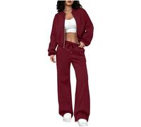 NSICBMNO Wine Two Piece Outfit Women Co Ord Sets Casual Tracksuit Cropped Jackets Straight Leg Joggers Lounge Sets Travel Outfit Zip Up Sweatshirt Elastic Waist Trousers Jogging Suits Plus Size