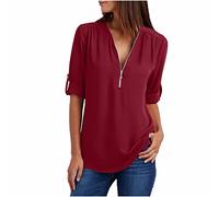 NSICBMNO Wine Women's Summer Tops Long Length T Shirts Short Sleeve Blouses V Neck T Shirts Half Zip Top Chiffon Blouses Tunic Tshirt Flowy Top Casual Loose for Going Out Holiday Beach