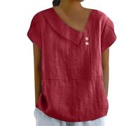 NSICBMNO Wine Women's Summer Tops Oversized T Shirts Cotton Linen Tunic Tops V Neck Tshirts Basic Top Short Sleeve Shirts Button Blouse Baggy Tshirts Loose Blouses for Holiday Beach Loungewear