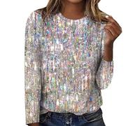 NSICBMNO Women Elegant Plus Size Sparkly Sequin Christmas Tops White Long Sleeve Tunic Shiny Print Shirt Going Out Ladies Party Winter T Shirts