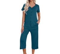 NSICBMNO Women's Blue Pyjama Sets Summer 2 Piece Outfits Button Up Pjs Short Sleeve Shirt Cropped Trousers With Pockets Lounge Wear Sets Capri Pyjamas Casual Outfits Homewear Sleepwear Nightwear