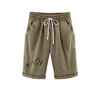 NSICBMNO Women's Casual Cotton Shorts Elastic Waist Knee Length Shorts Lightweight Drawstring High Waist Slacks Loose Summer Floral Print Pants Ladies Beach 02-Khaki L