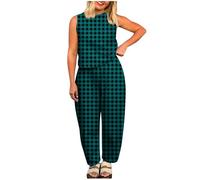 NSICBMNO Womens Pyjamas Set 2 Piece Outfits Loungewear Sets Leisure Suits Summer Sleepwear Cotton Nightwear Pjs Sets Crew Neck Sleeveless Top Wide Leg Trousers Lounge Set With Pockets