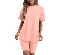 NSICBMNO Womens Pyjamas Set Short Sleeve Tops Round Neck Tshirts Cycling Shorts Two Piece Outfits Lounge Wear Sets Summer Pjs Co Ord Sets Casual Tracksuits Loose Loungewear Sleepwear