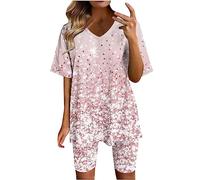 NSICBMNO Womens Summer Co Ord Sets Casual 2 Piece Outfit Short Sleeve Tops And Shorts Sweatsuit Set Casual Sets V Neck T Shirts Leggings Tracksuit Plus Size Lounge Wear Suit 01_Pink 3XL