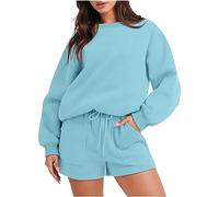 NSICBMNO Womens Tracksuit Set 2 Piece Outfits Autumn Winter Sweatsuits Oversized Sweatshirt And Lounge Short Plus Size Loungewear Set Sweater Set Long Sleeve Crew Neck Tops Sweatshorts With Pockets