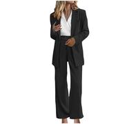 NSICBMNO Women's Trouser Suits Blazer Suit Set 2 Piece Outfits Black Long Sleeve Cardigan Open Front Blazer Jacket Wide Leg Trousers Business Suits Wedding Guest Outfit Casual Office Workwear