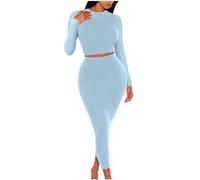 NSICBMNO Womens Two Piece Outfits Ribbed Lounge Set Crop Tops Knitted Skirt Co Ord Set Long Sleeve Thermal Tops Bodycon Skirt Sweater Dress Casual Outfits Knitted For Going Out Blue