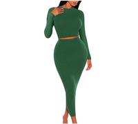 NSICBMNO Womens Two Piece Outfits Ribbed Lounge Set Crop Tops Knitted Skirt Co Ord Set Long Sleeve Thermal Tops Bodycon Skirt Sweater Dress Casual Outfits Knitted For Going Out Green