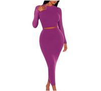 NSICBMNO Womens Two Piece Outfits Ribbed Lounge Set Crop Tops Knitted Skirt Co Ord Set Long Sleeve Thermal Tops Bodycon Skirt Sweater Dress Casual Outfits Knitted For Going Out Pink