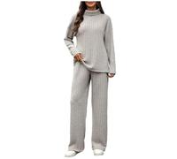 NSICBMNO Womens Two Piece Outfits Ribbed Lounge Wear Sets Polo Neck Jumpers Oversized Sweater Long Sleeve Tunic Tops Wide Leg Trousers Knitted Co Ord Sets Travel Outfit Airport Set Tracksuit